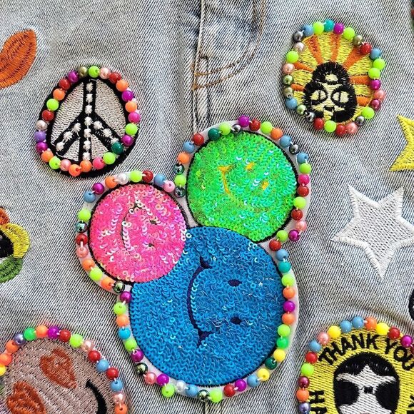 EUC fun rare La Ros women's Emoji smile butterfly love star jean skirt, M - Picture 4 of 10